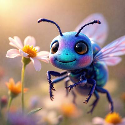 The primary subject of the image is a colorful, blue and purple beetle with a yellow flower in its mouth. The beetle is standing on a flower-covered field, surrounded by a variety of flowers. The setting appears to be a natural environment, with the beetle as the main focus. The visual style of the image is a combination of photo and digital art, creating a vibrant and lively scene. The colors and mood of the image are cheerful and lively, with the bright colors